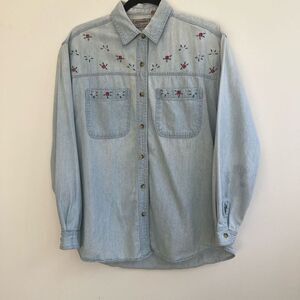 Sasson Women's Floral Embroider Button-Down Long Sleeves Denim Top Blue Size S